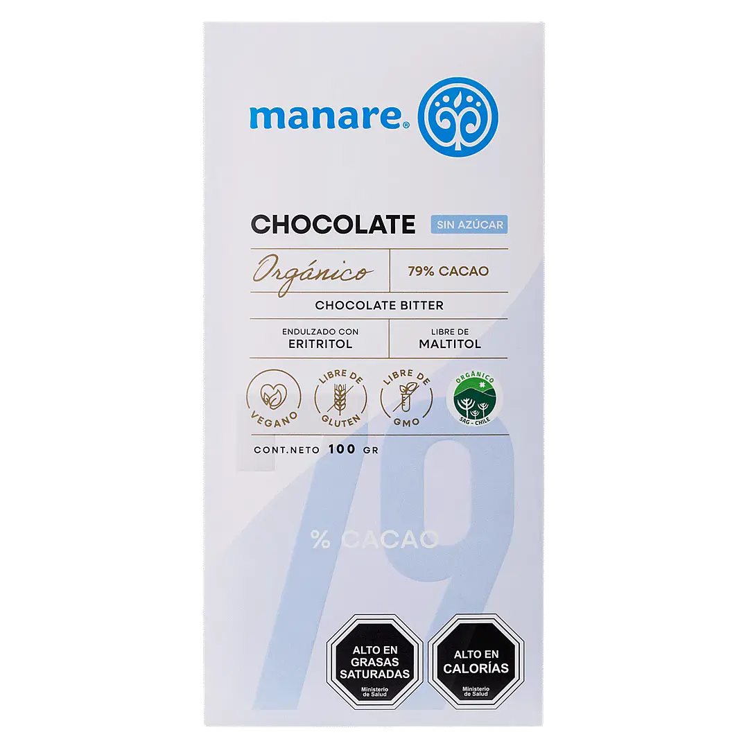 Chocolate sin azúcar 79% Cacao Orgánico 100g Manare 1