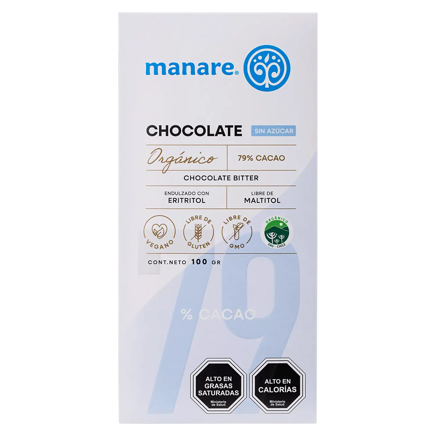 Chocolate sin azúcar 79% Cacao Orgánico 100g Manare 1