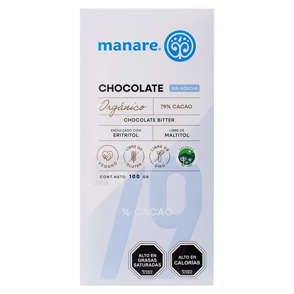 Chocolate sin azúcar 79% Cacao Orgánico 100g Manare 1