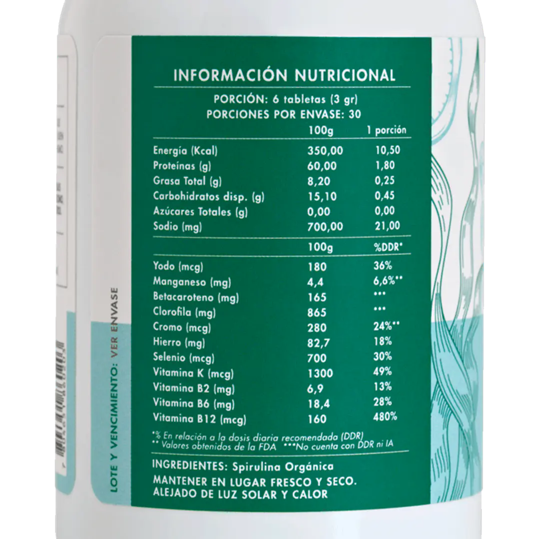 Spirulina Orgánica 180 Tabletas Manare 3