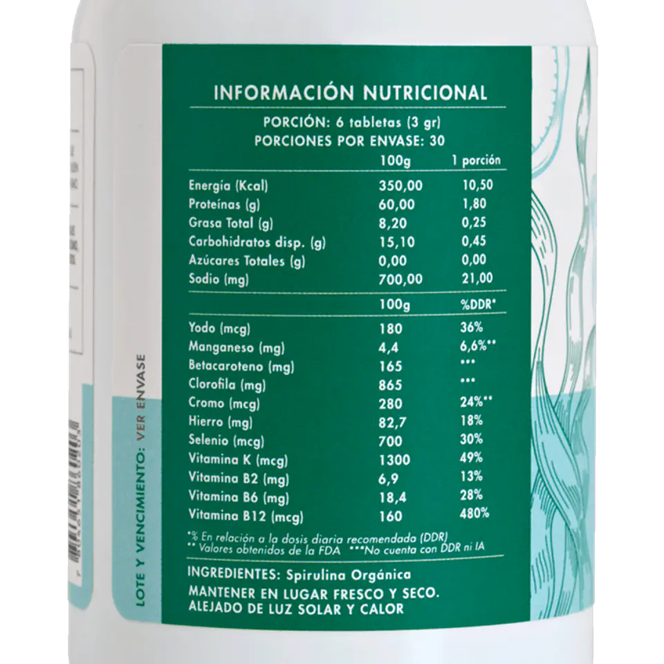Spirulina Orgánica 180 Tabletas Manare 3