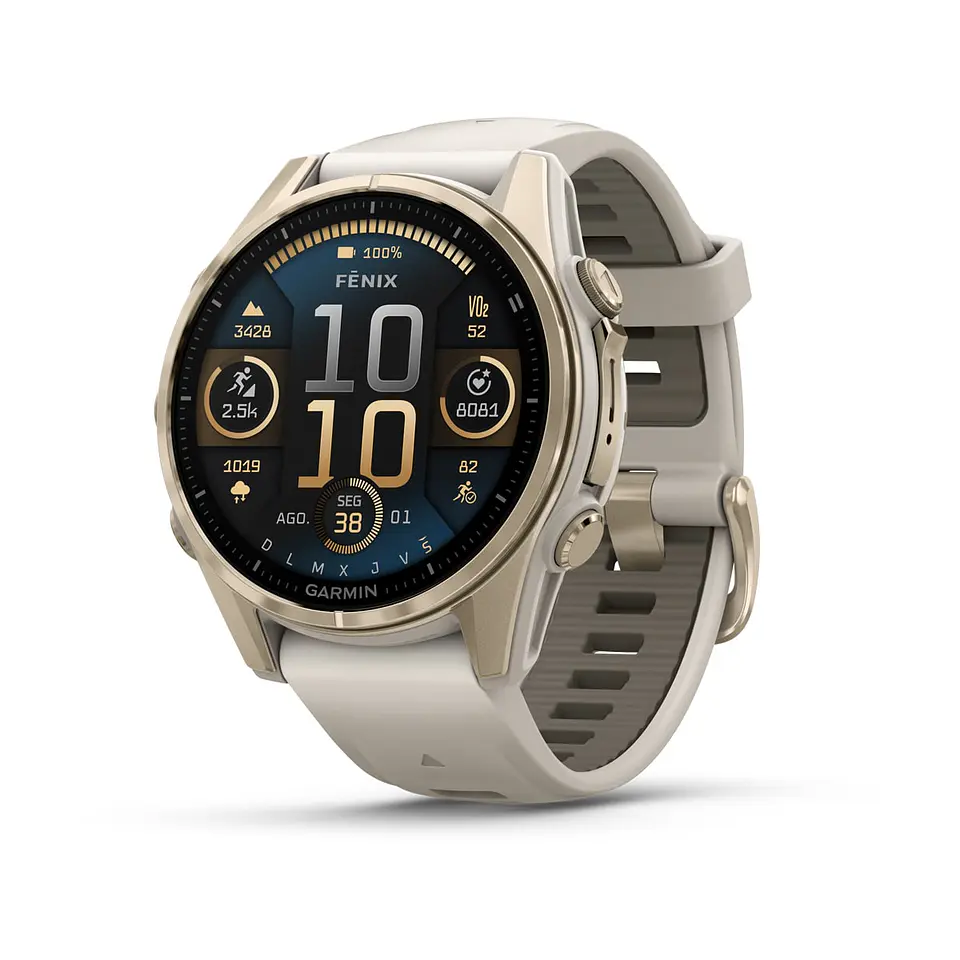 Garmin fēnix® 8 – 43 mm, AMOLED - Sapphire, Dorado claro con correa de silicona gris/marrón oscuro 1