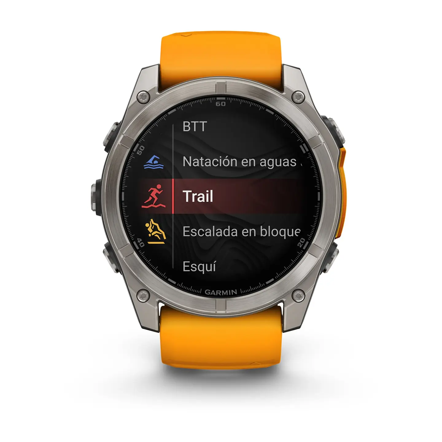 Garmin fēnix® 8 – 51 mm, AMOLED - Sapphire, Titanio con correa de silicona naranja/grafito 6