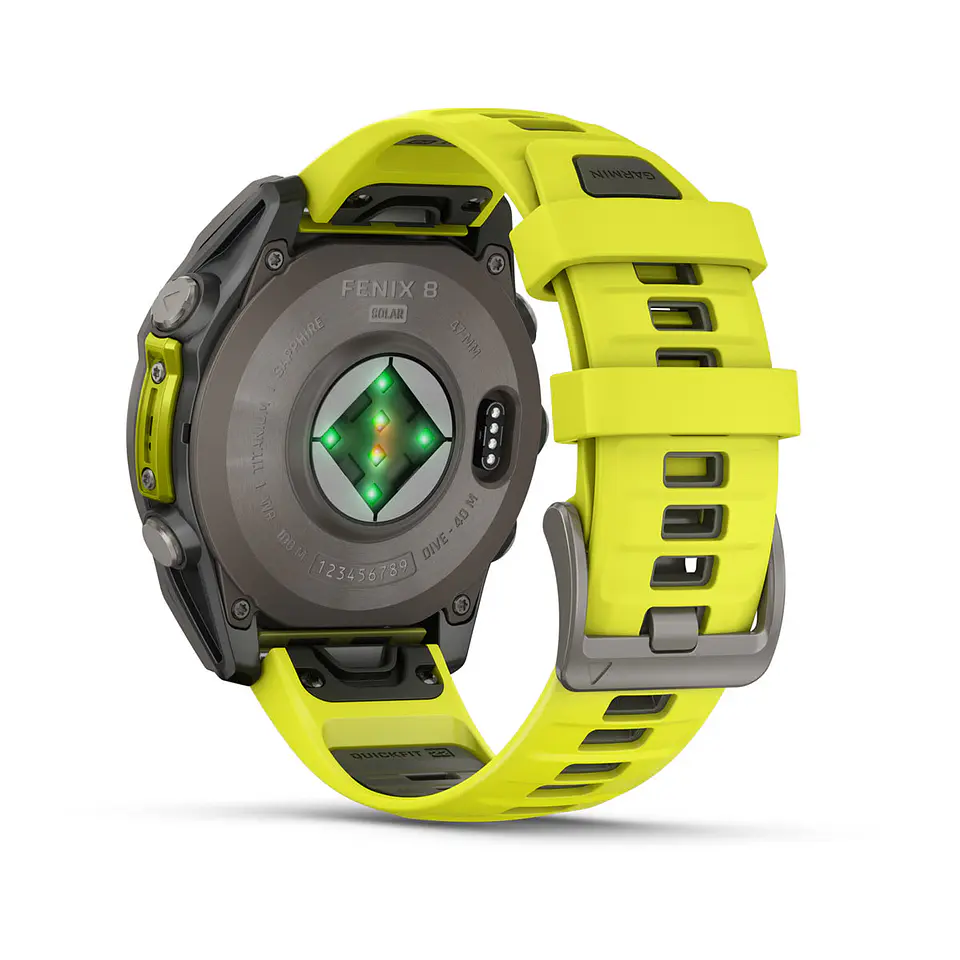 Garmin fēnix® 8 – 47 mm, Solar, Sapphire - Sapphire, Titanio con correa de silicona amarilla/grafito 12