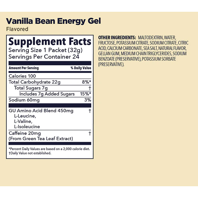 Gel Energético GU Energy Gel Vanilla Bean – Información nutricional