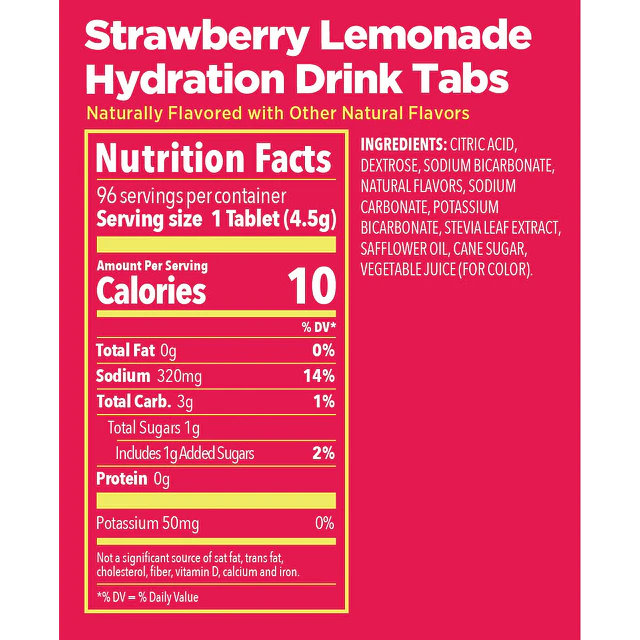 Tabletas de Hidratación GU Strawberry Lemonade (Tubo 12 un.) – Información nutricional