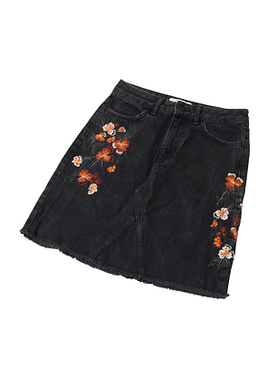 Falda jenas, con bordeado floreado