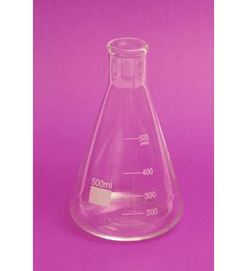 Matraz de Erlenmeyer 500 mL, boca angosta, fabricado en vidrio borosilicato 3.3 