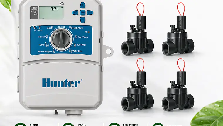 Kit Riego Automático 4 Zonas Hunter X2-401E + 4 Electroválvulas PGV 2