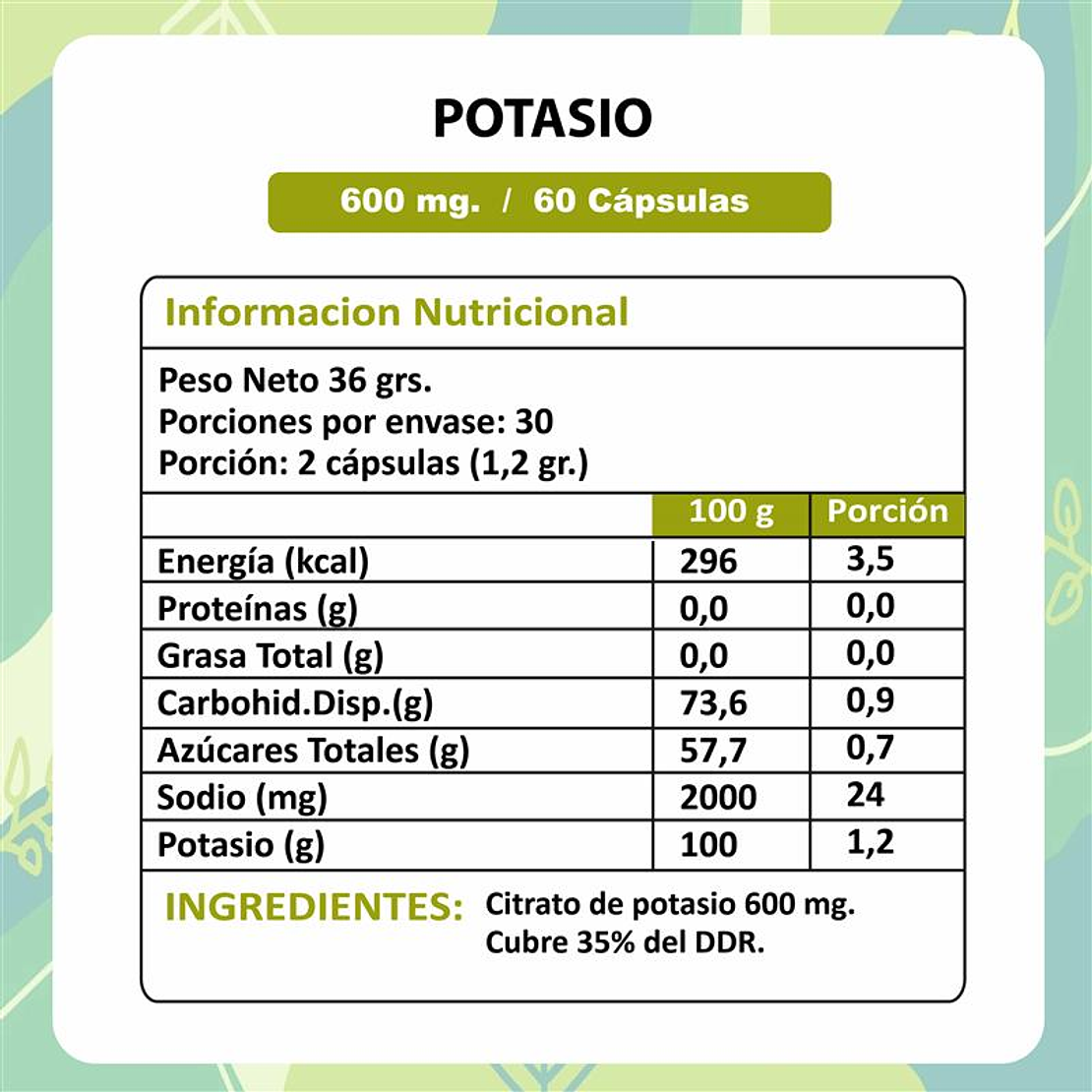 Potasio (Citrato de Potasio) - 60 Cápsulas 600 mg. 2