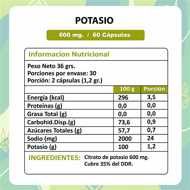 Potasio (Citrato de Potasio) - 60 Cápsulas 600 mg.