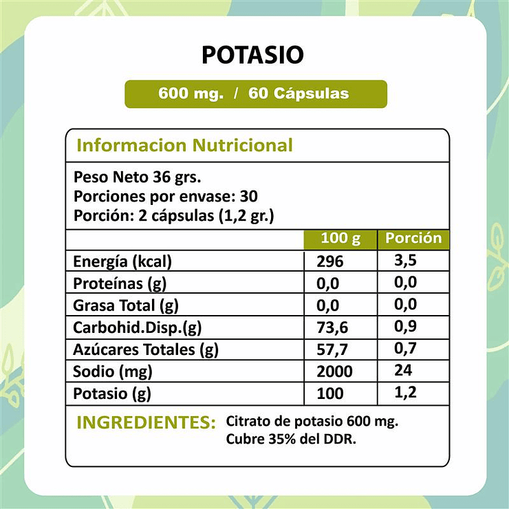 Potasio (Citrato de Potasio) - 60 Cápsulas 600 mg. 2