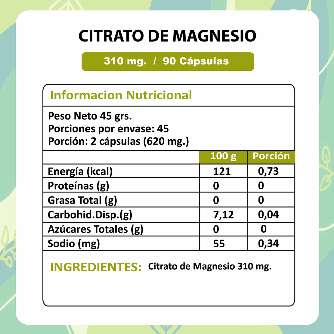 Citrato de Magnesio - 90 Cápsulas 310 mg. 2