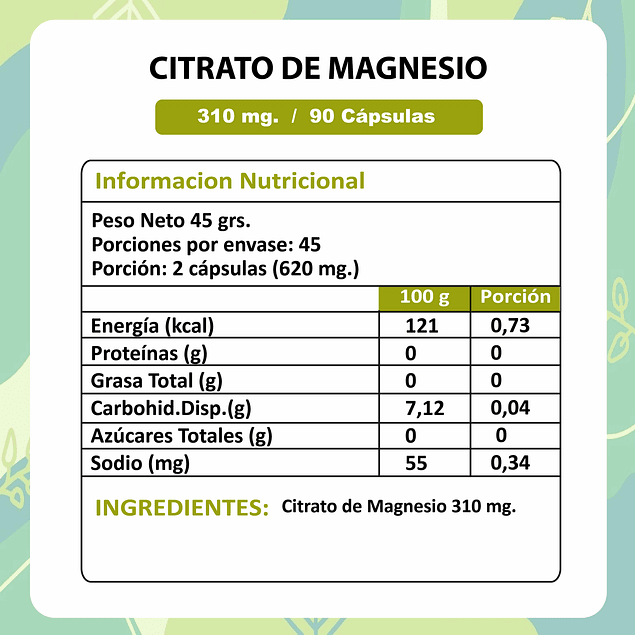 Citrato de Magnesio - 90 Cápsulas 310 mg.