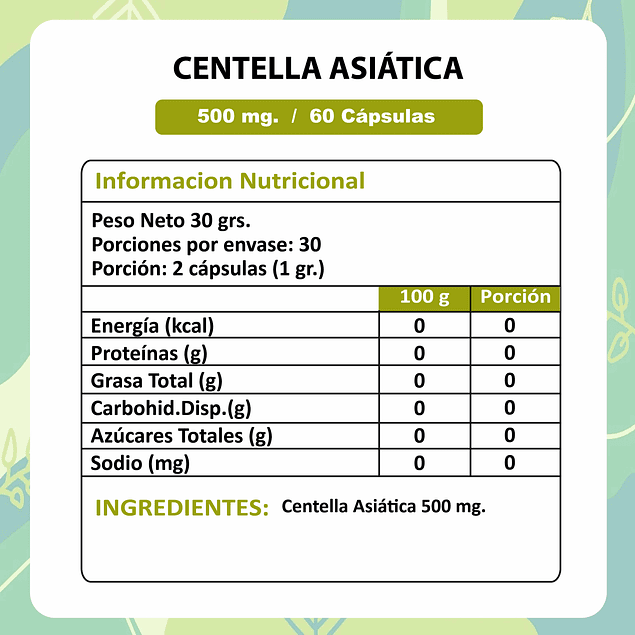 Centella Asiática - 60 Cápsulas 500 mg.