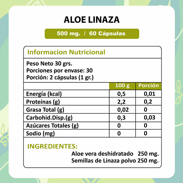 Aloe + Linaza 60 Cápsulas - 500 mg.