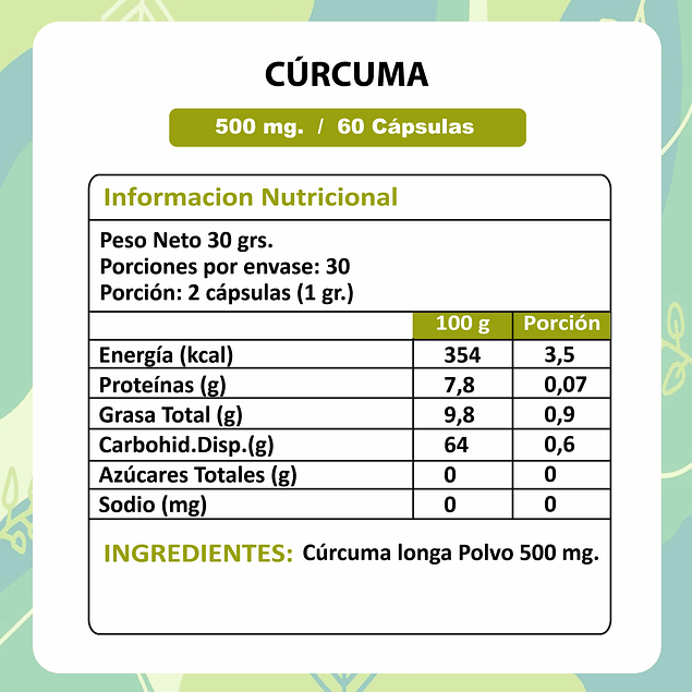 Cúrcuma - 60 Cápsulas 500 mg.