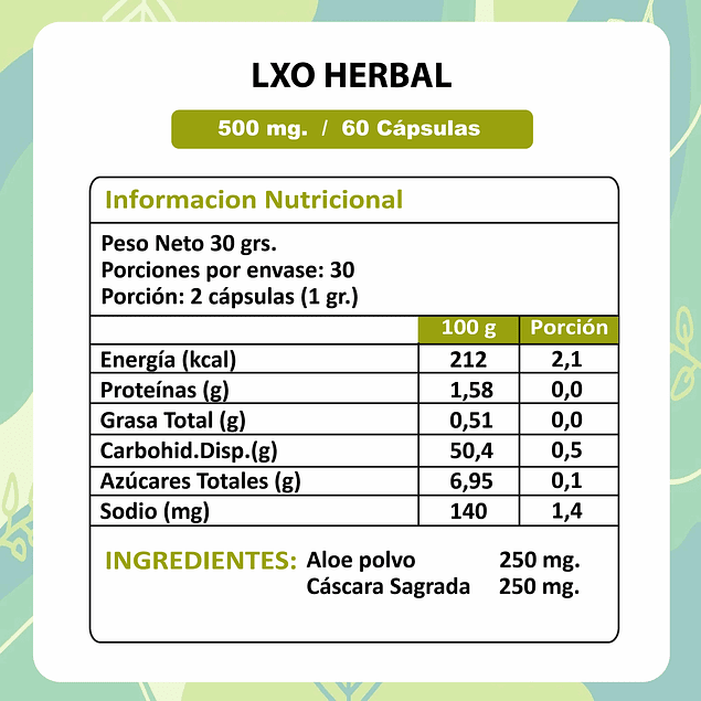 Lxo Herbal - 60 Cápsulas 500 mg.