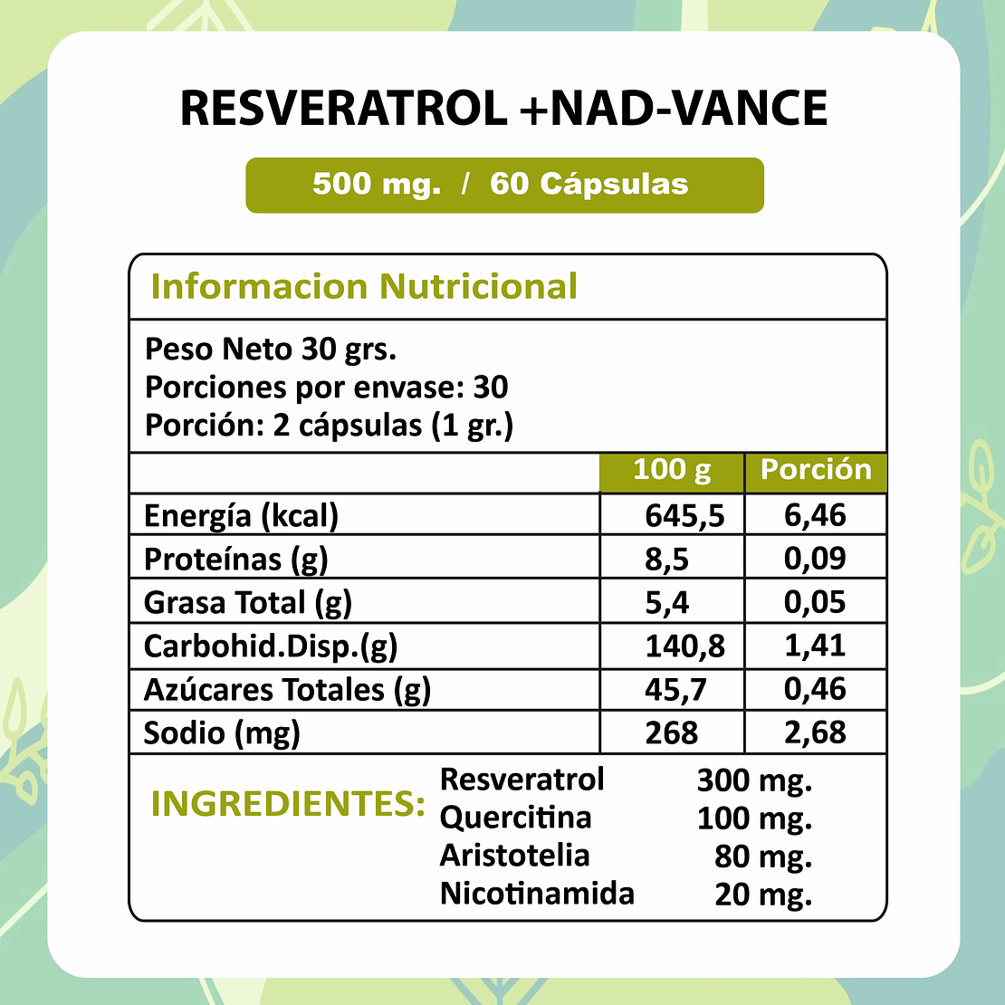 Resveratrol + NAD- Vance 500 mg x 60 capsulas 3