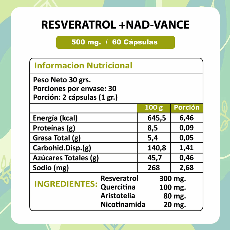 Resveratrol + NAD- Vance 500 mg x 60 capsulas 3