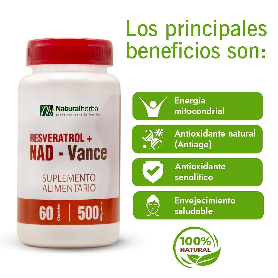 Resveratrol + NAD- Vance 500 mg x 60 capsulas 4