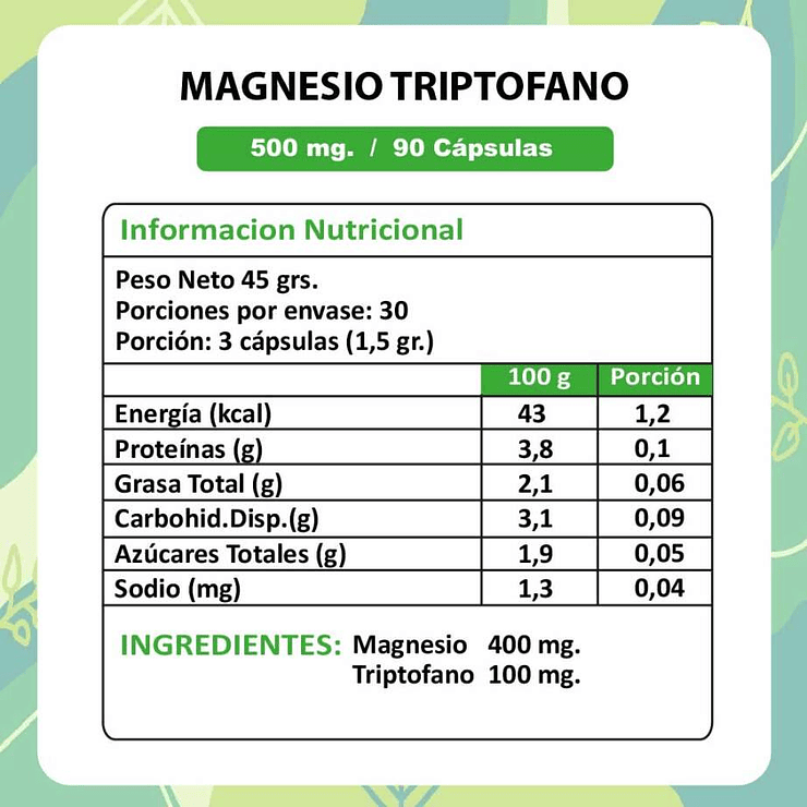 Magnesio + Triptofano - 90 Capsulas - 500 mg 2