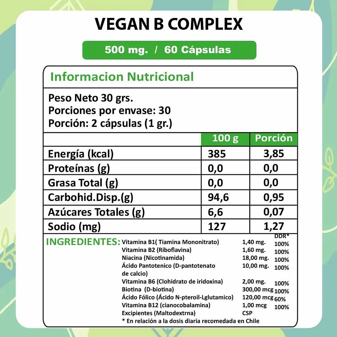 Vegan B-Complex - 60 Cápsulas 500 mg. 2