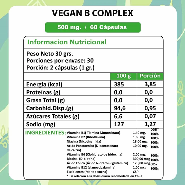 Vegan B-Complex - 60 Cápsulas 500 mg. 2