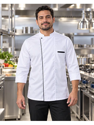 Camisa Tipo Chef Gabardina Blanca Con Embone Negro Ref. 130620