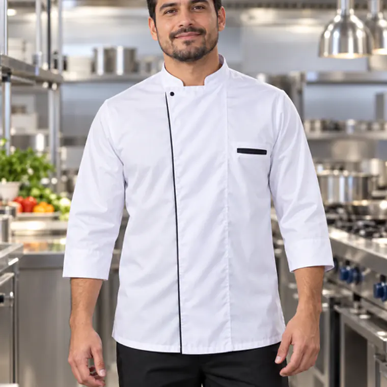 Camisa Tipo Chef Gabardina Blanca Con Embone Negro Ref. 130620 1