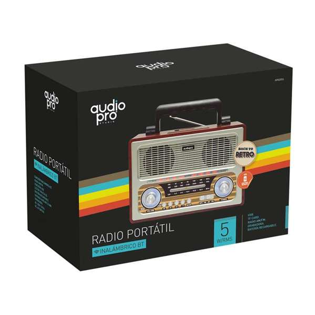 RADIO AUDIOPRO RETRO PORTATIL BT/ FM/USB/SD/ENTRADA AUX 3.5/ RECARGABLE. 3