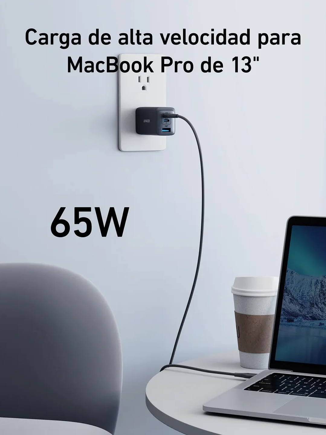 Cargador Anker GaN 65W – 3 Puertos USB-C | Potencia para Notebook y Smartphone 4