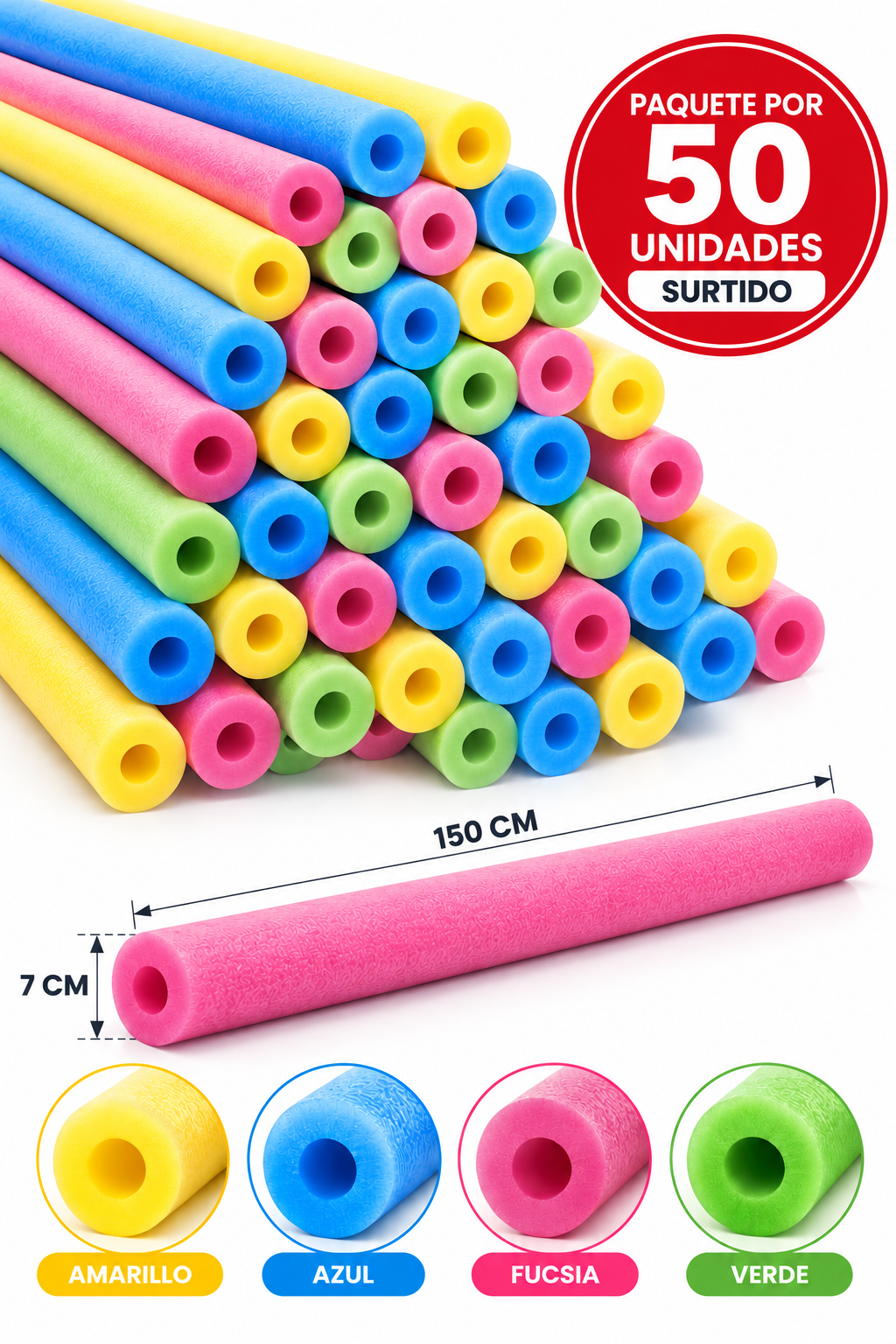 Flotador de Espuma 7cm x 150 cm Colores Pqt X 50 Unid 1