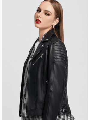 CASACA ESTILO BIKER EN CUERO COLOR ENTERO