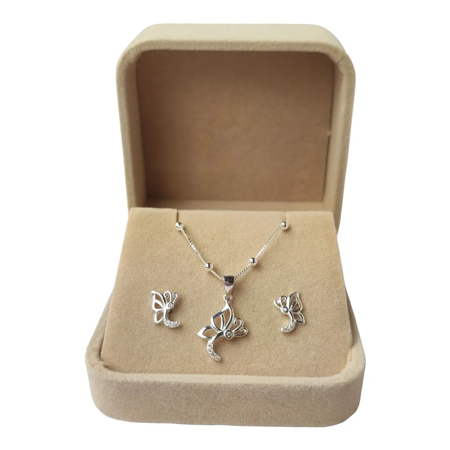 Conjunto cadena, colgante y aros mariposa circones de plata 925 2