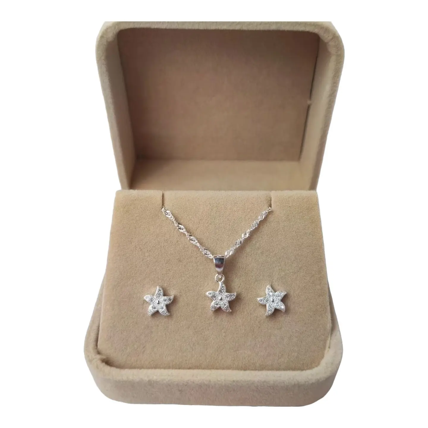 Conjunto cadena y aros con tope flor con circones de plata 925 1