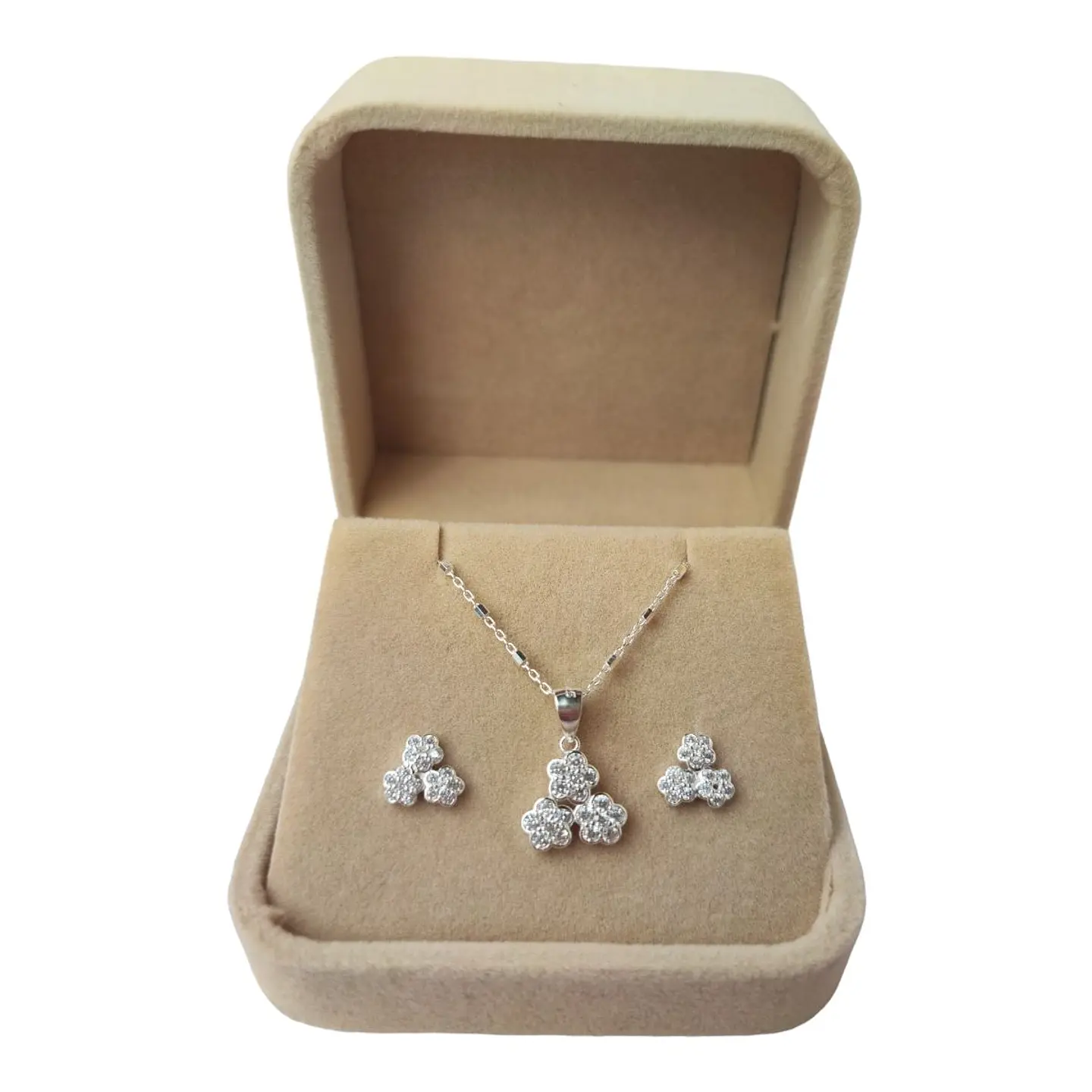 Conjunto cadena, colgante y aros flores con circones de plata 925 2
