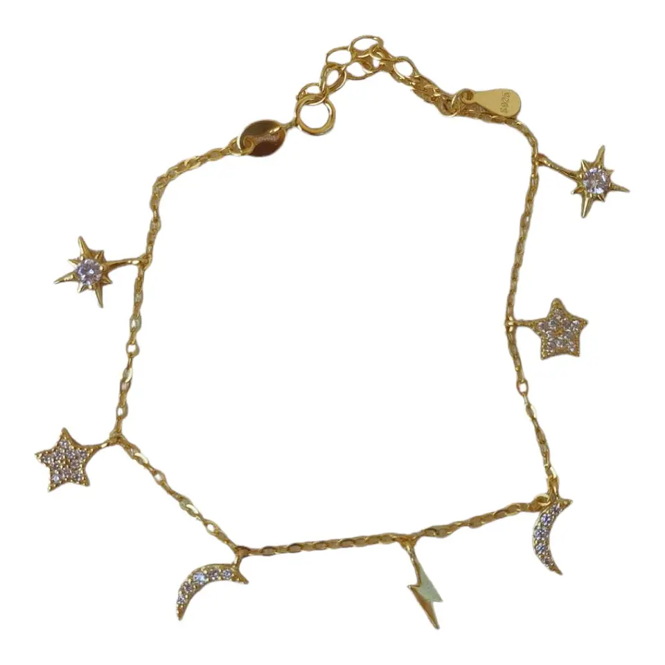 Pulsera estrellas media luna circones de plata 925 bañada en oro 18 k 3