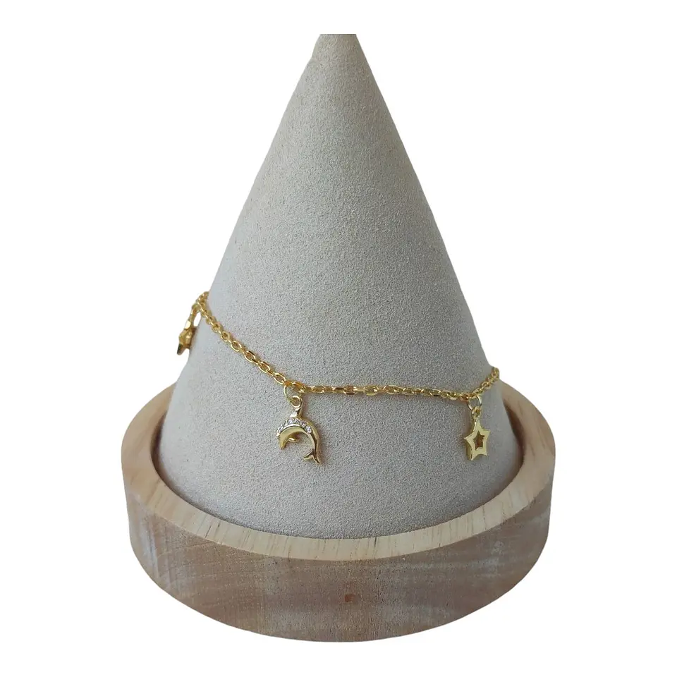 Tobillera estrellas delfines circones de plata 925 bañada en oro 18k 1