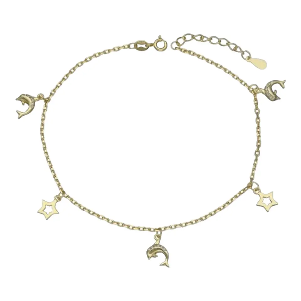 Tobillera estrellas delfines circones de plata 925 bañada en oro 18k 2