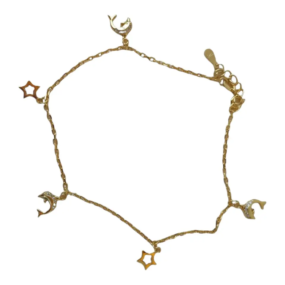 Tobillera estrellas delfines circones de plata 925 bañada en oro 18k 3