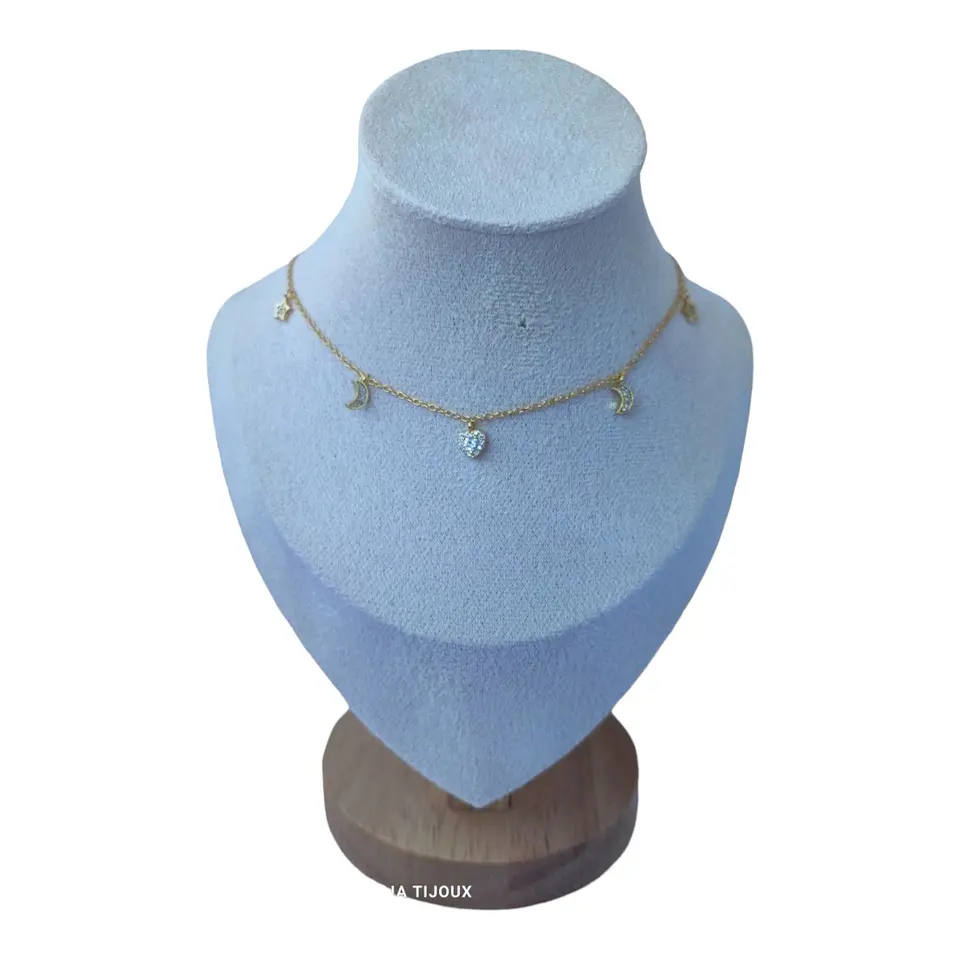 Collar media luna estrella corazón circones de plata 925 baño oro 18k 1