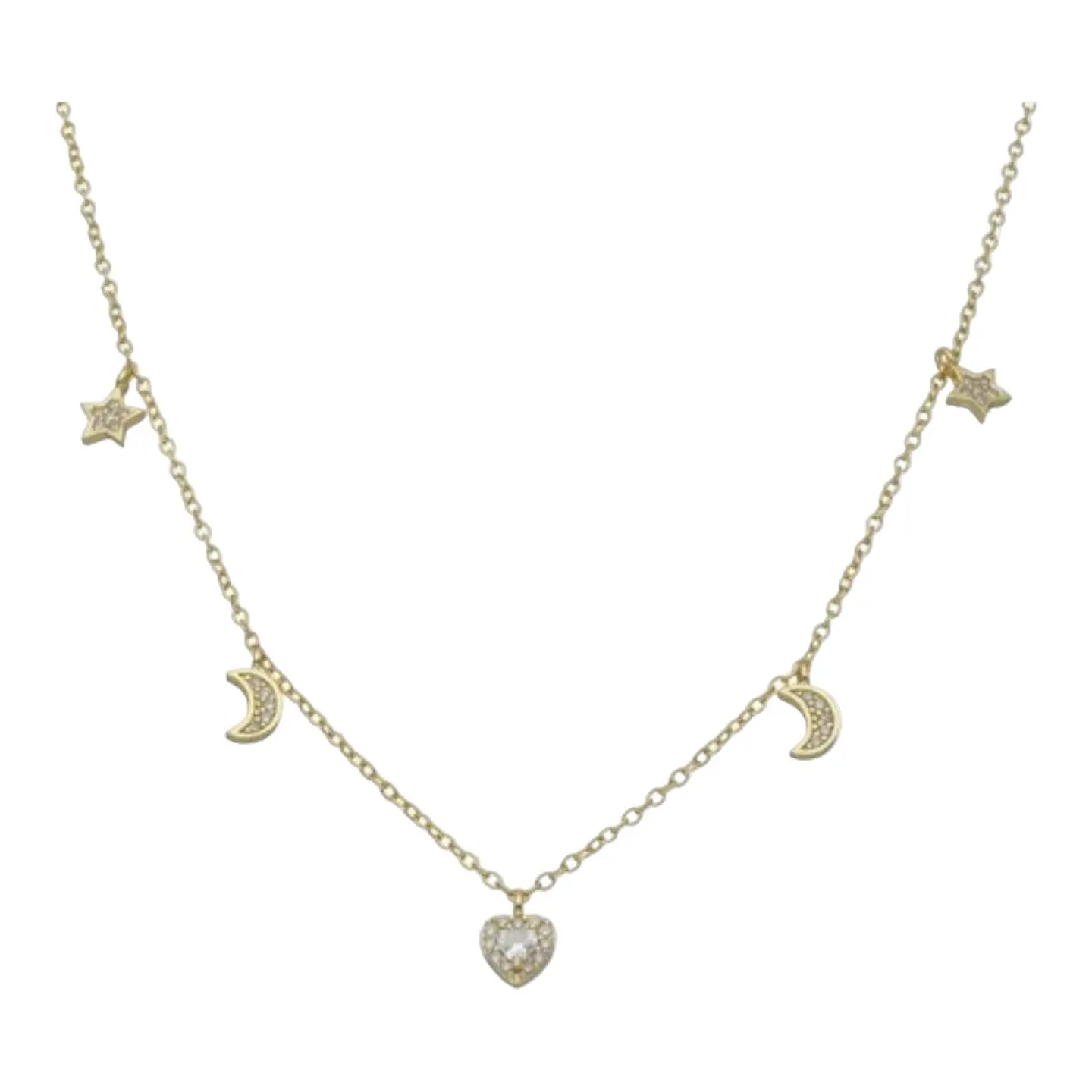 Collar media luna estrella corazón circones de plata 925 baño oro 18k 2