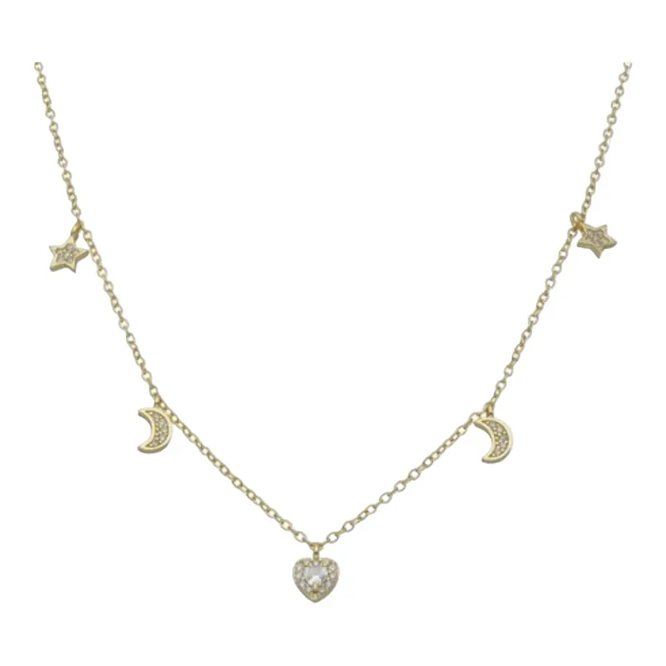 Collar media luna estrella corazón circones de plata 925 baño oro 18k 2
