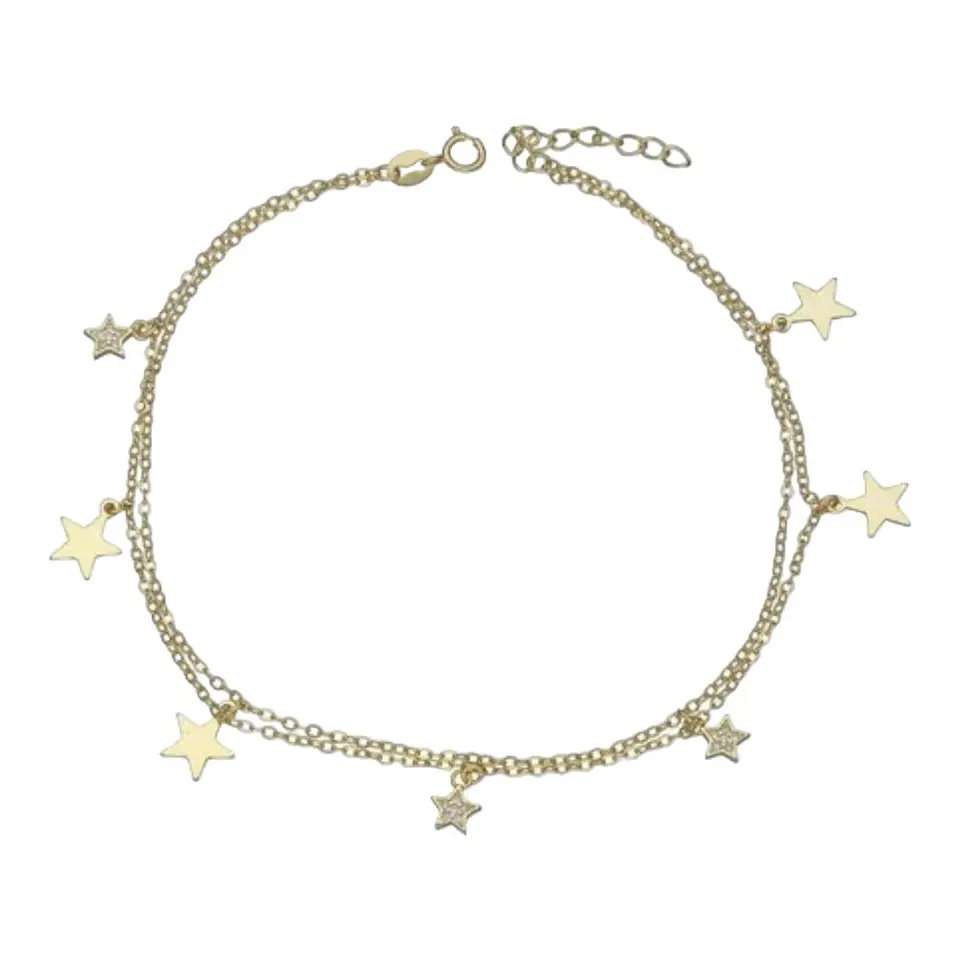 Tobillera doble estrellas circones de plata 925 bañada en oro 18 k 2