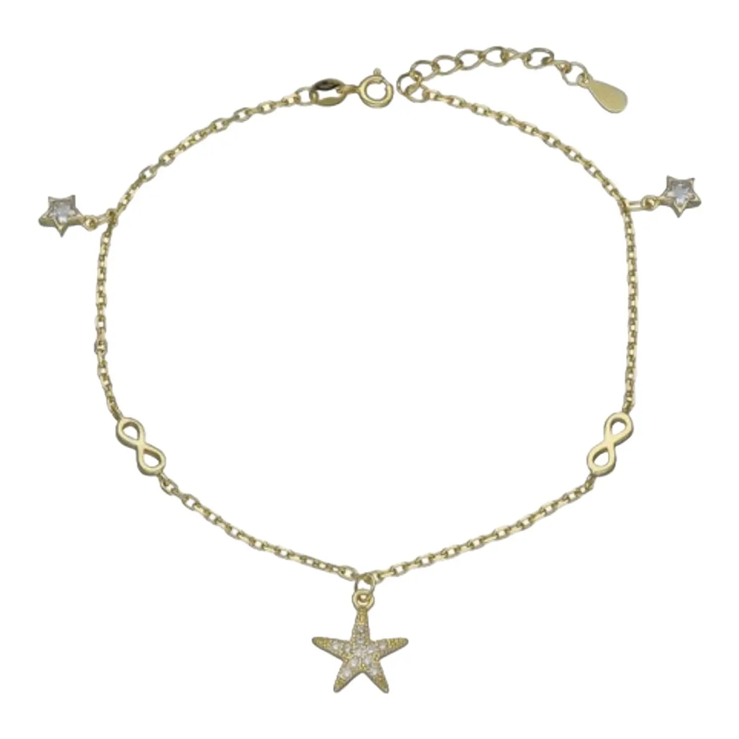 Tobillera infinitos estrella circones de plata 925 bañada en oro 18 k 2