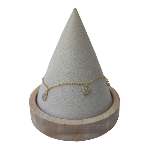 Tobillera media luna estrellas circones de plata 925 bañada en oro 18k