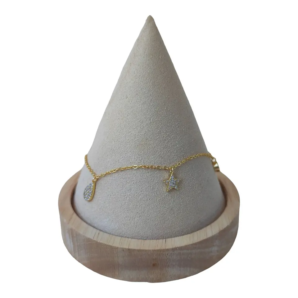 Tobillera media luna estrellas circones de plata 925 bañada en oro 18k 1