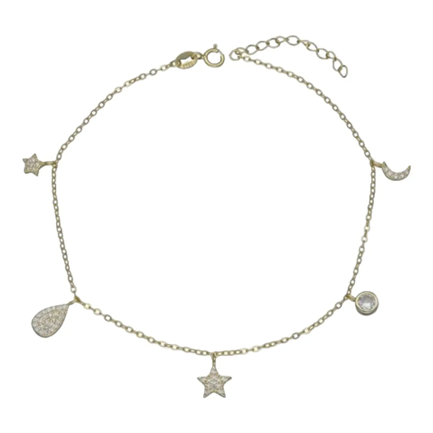 Tobillera media luna estrellas circones de plata 925 bañada en oro 18k 2