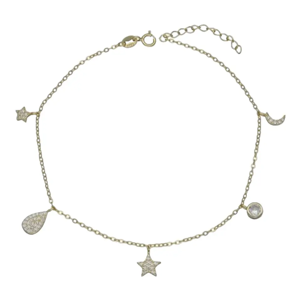 Tobillera media luna estrellas circones de plata 925 bañada en oro 18k 2